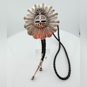 vintage J. Delgarito Silver Kachina sun bolo. Native American sterling Hopi Bolo
